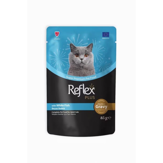 REFLEX PLUS POUCH SOS ICINDE ET PARCACIKLI BEYAZ BALIKLI YETISKIN KEDI MAMASI 85 GR
