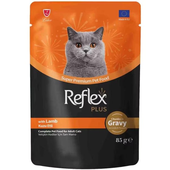 REFLEX PLUS POUCH SOS ICINDE ET PARCACIKLI KUZU ETLI YETISKIN KEDI MAMASI 85 GR