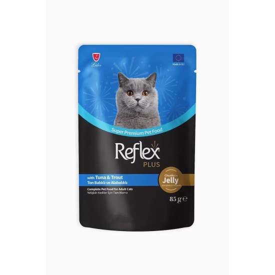 REFLEX PLUS POUCH JOLE ICINDE ET PARCACIKLI TON BALIKLI VE ALABALIKLI YETISKIN KEDI MAMASI 85 GR