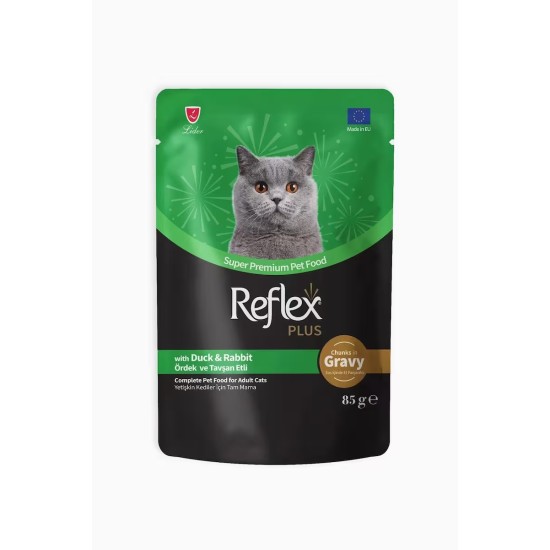REFLEX PLUS POUCH SOS ICINDE ET PARCACIKLI ORDEKLI TAVSANLI YETISKIN KEDI MAMASI 85 GR