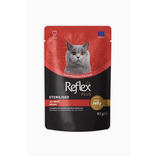 REXLEX PLUS POUCH JOLE ICINDE ET PARCACIKLI BIFTEKLI KISIRLASTIRILMIS YETISKIN KEDI MAMASI 85 GR